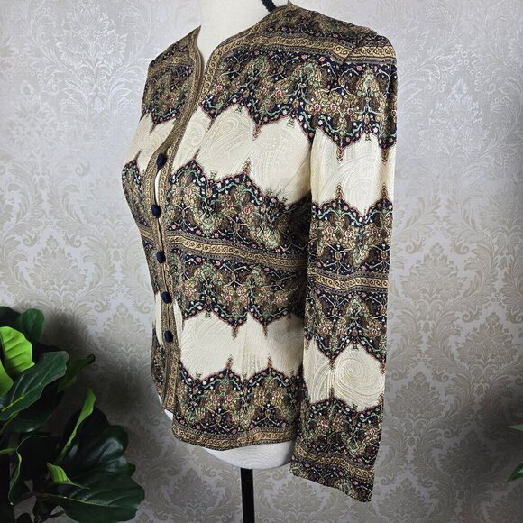 Adrianna Papell Size 4 Cream/Tan Patterned Jacket 100% Silk Button Front Closure - Picture 7 of 13